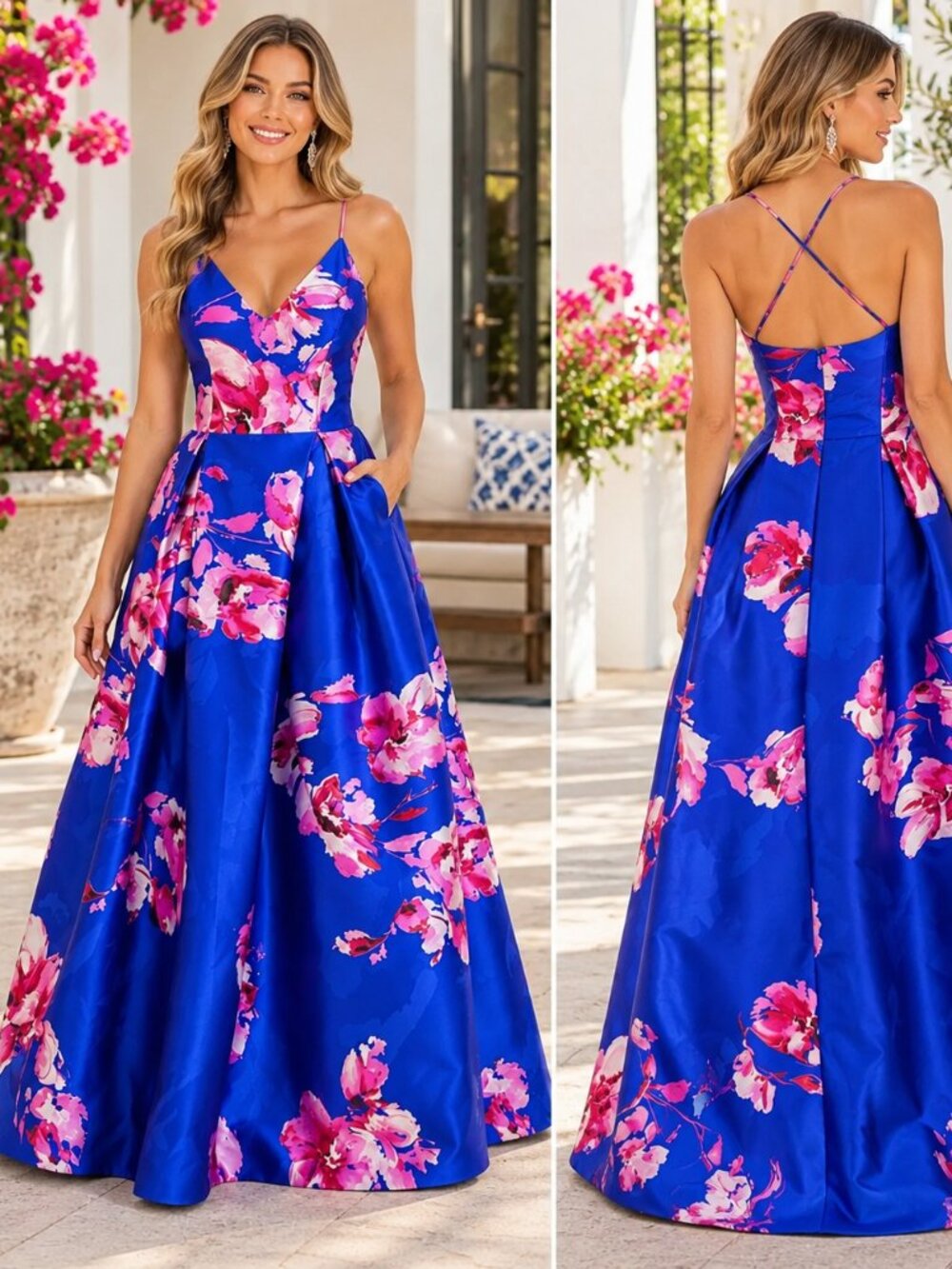 Royal Blue & Pink Floral Satin Gown – Juniors Size 11 NWOT